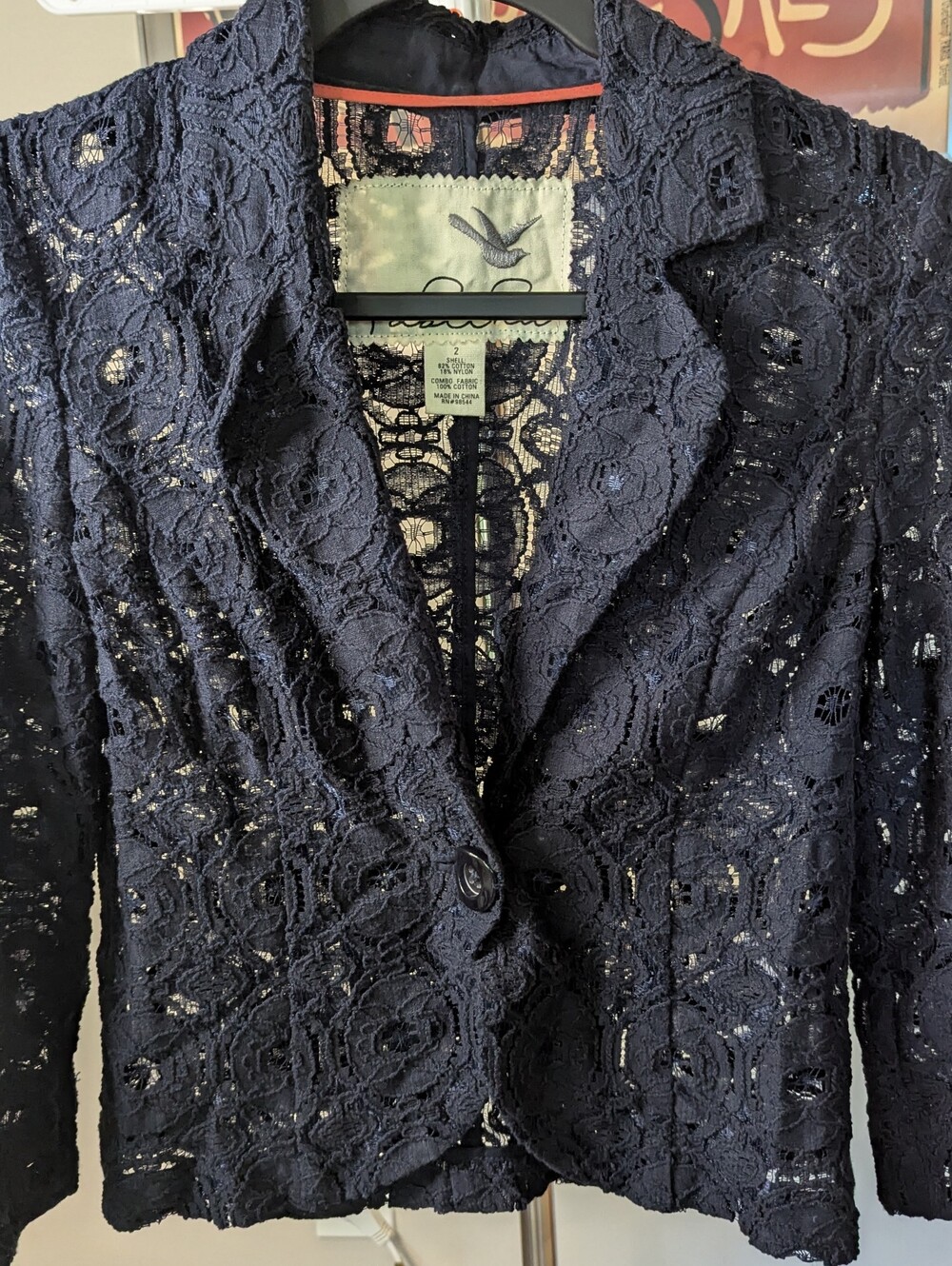 $35 Anthropologie Tabitha Size 2 - Navy Blue Crochet Lace Blazer Jacket EUC